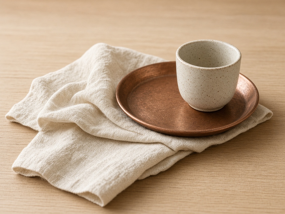 Copper tray and ceramic cup on cream linen in soft daylight