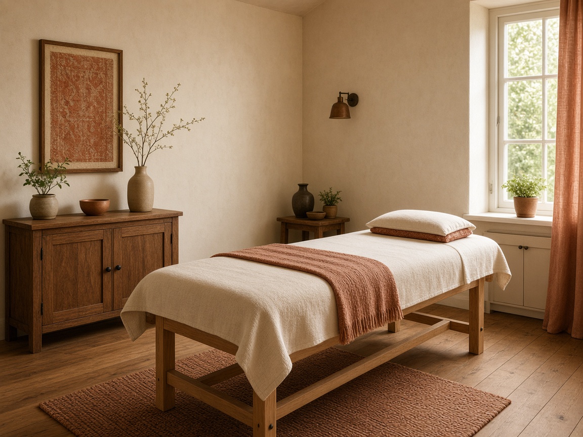 Warm copper and cream acupuncture treatment room with an empty linen-covered table