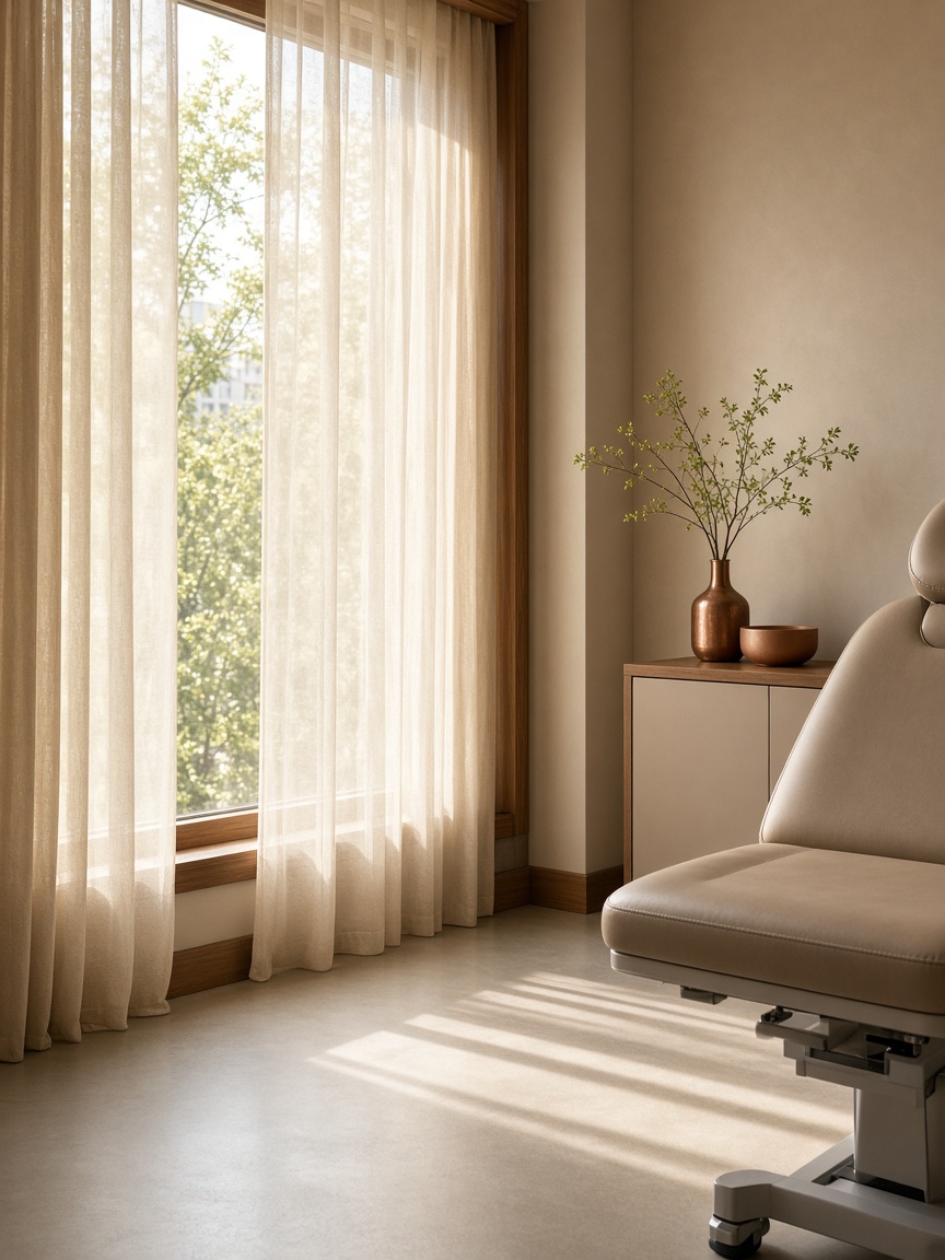 Daylight through sheer curtains in the treatment room